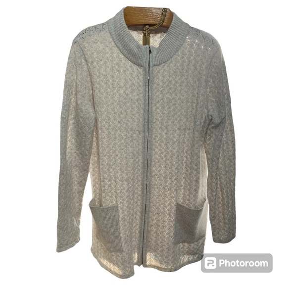 Soft Surroundings Sweaters - SOFT SURROUNDINGS ~ Cream Pointelle Knit Zip Up Sweater Cotton Wool Blend